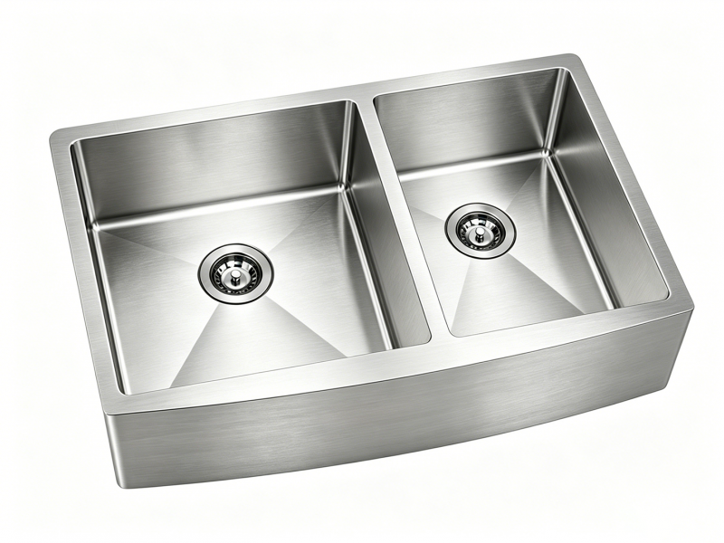 33-Inch Double-Bowl Curved-Apron Stainless Steel Farmhouse Sink