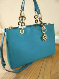 MICHEAL KORS CYNTHIA Aqua Green Blue Satchel Handbag Saffiano Leather 